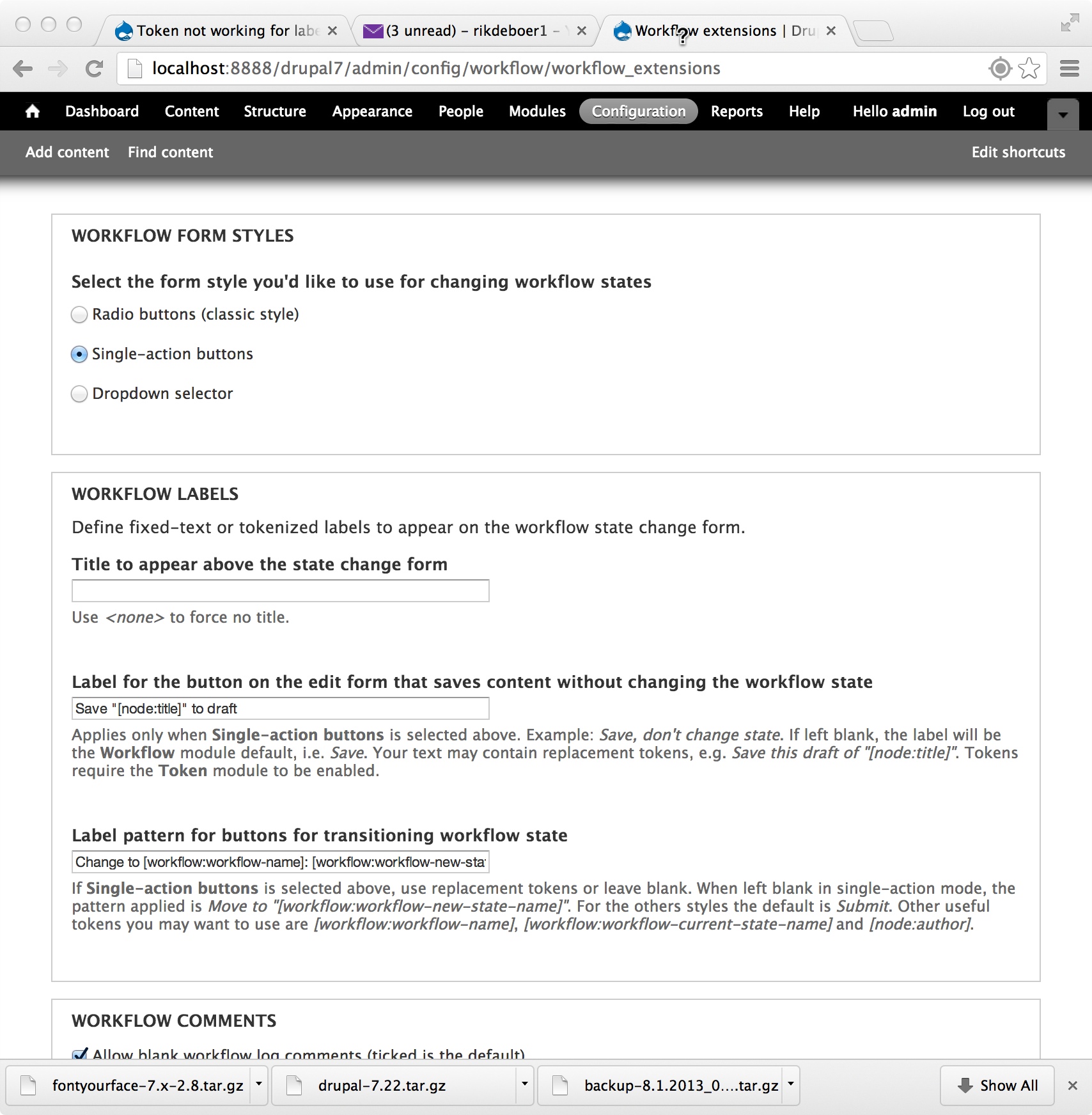 Workflow Extensions config page
